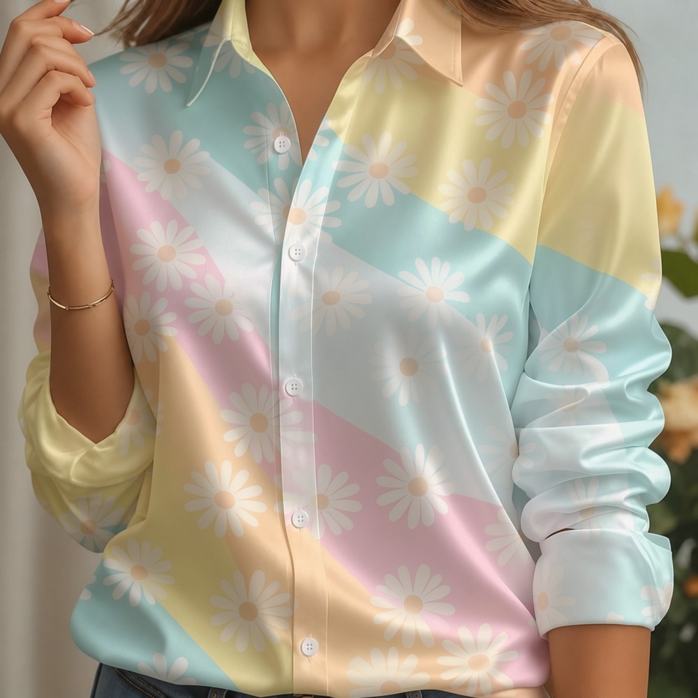 女性用サテンラペルカラーシャツ、パステルストライププリント、 - Women Fashion Images のレビューと価格
