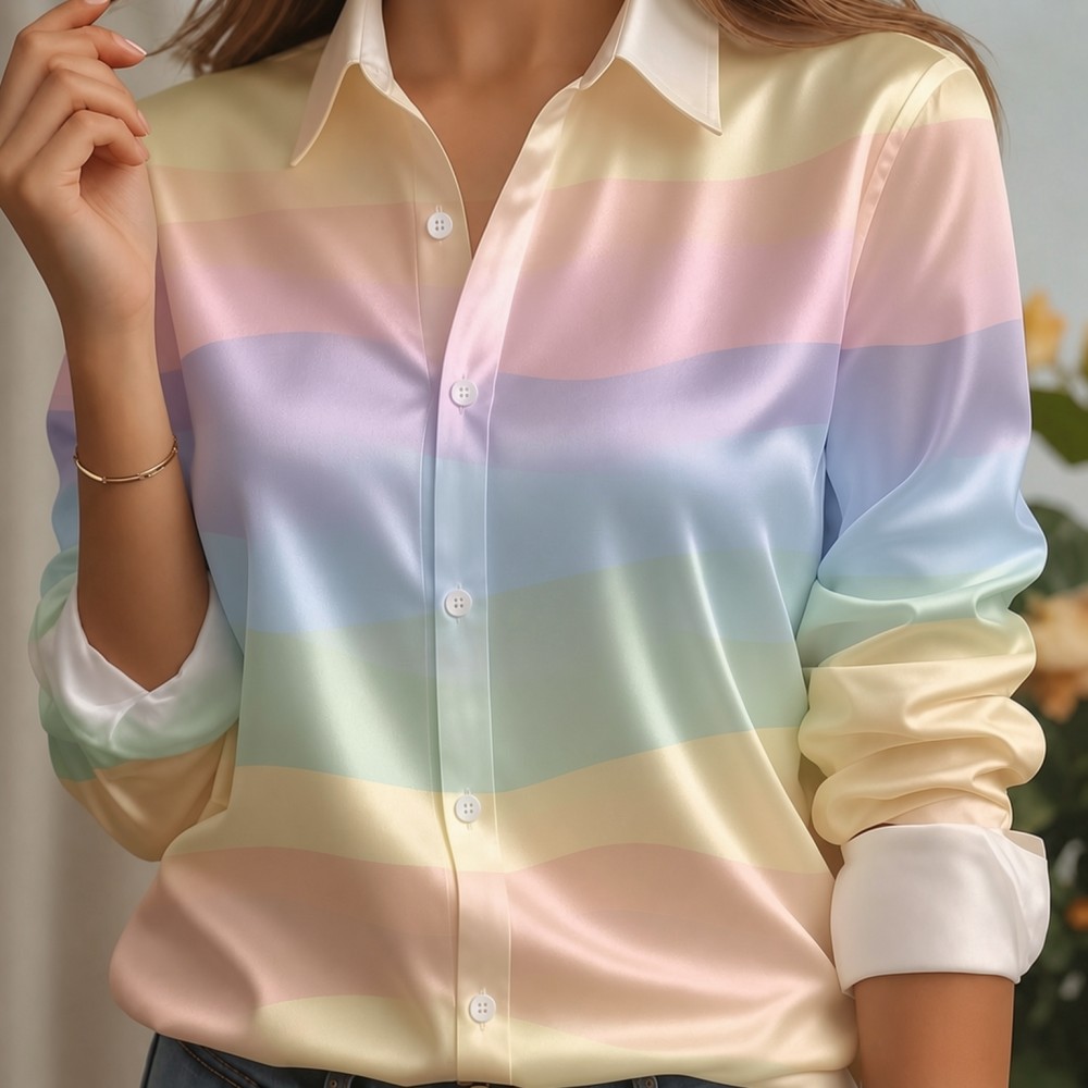 女性用サテンラペルカラーシャツ、パステルストライププリント、 - Women Fashion Images のレビューと価格