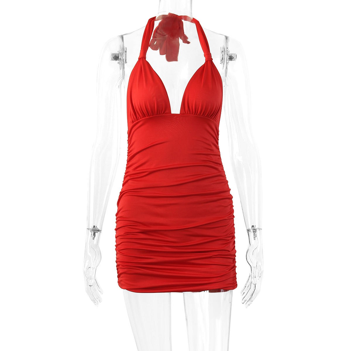 夏の女性用服、深いVネック、タイバック、カットアウト、ルーシ - Ruched Dress Mini のレビューと価格