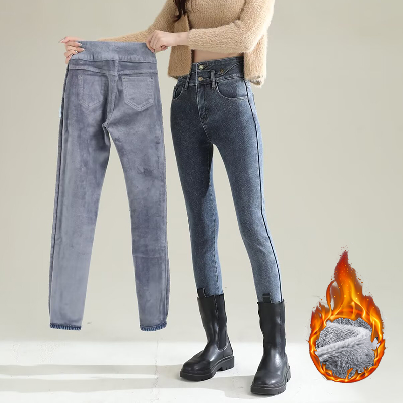 冬の女性のシックなぬいぐるみサーマルストレートレッグジーンズ - Women Fashion Jeans のレビューと価格