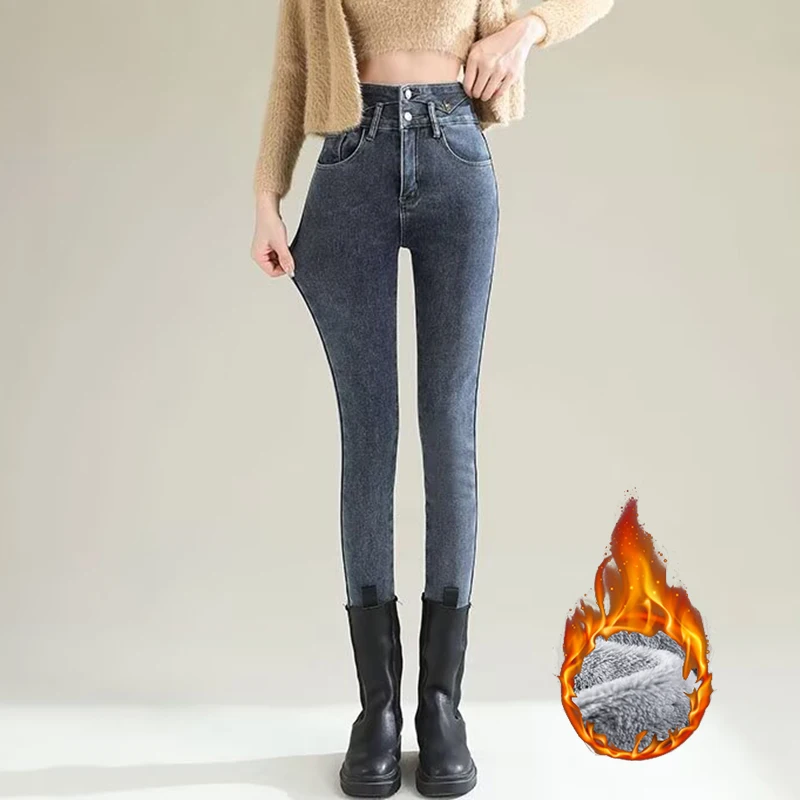 冬の女性のシックなぬいぐるみサーマルストレートレッグジーンズ - Women Fashion Jeans のレビューと価格