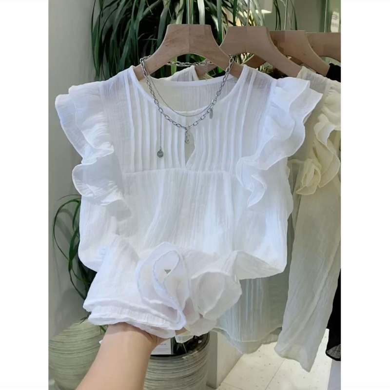 女性用フライングスリーブブラウス、ラウンドネック、フリル、単 - Women Fashion Japan のレビューと価格
