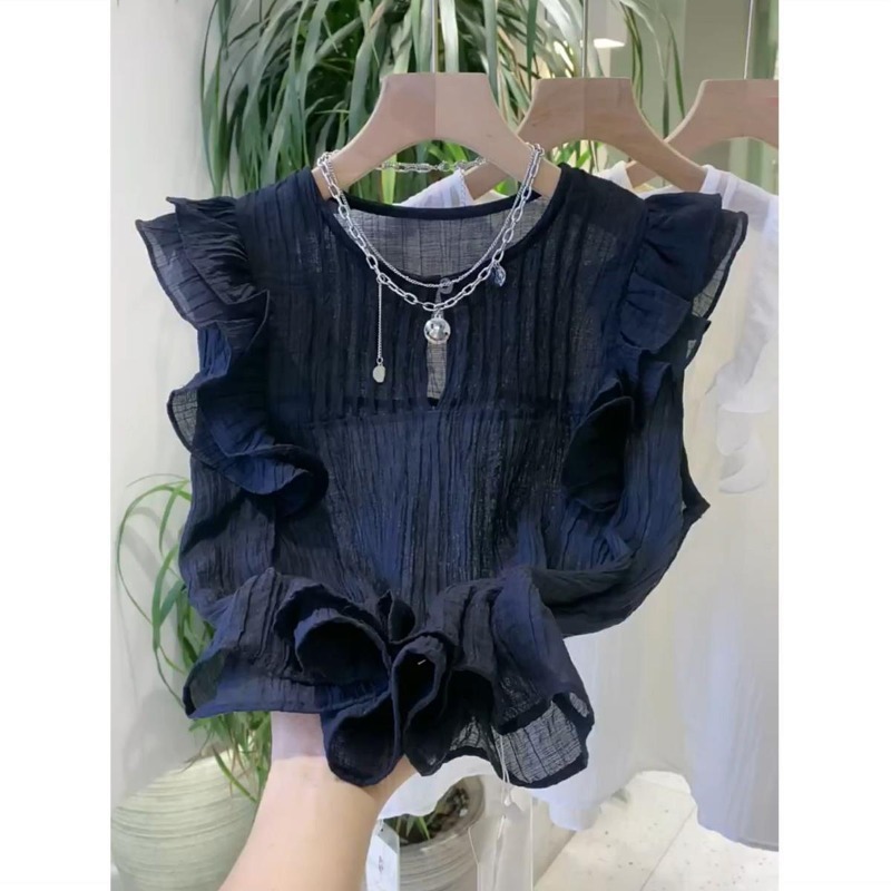 女性用フライングスリーブブラウス、ラウンドネック、フリル、単 - Women Fashion Japan のレビューと価格