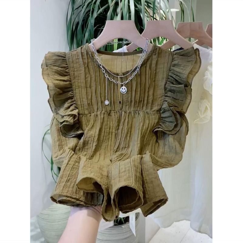 女性用フライングスリーブブラウス、ラウンドネック、フリル、単 - Women Fashion Japan のレビューと価格