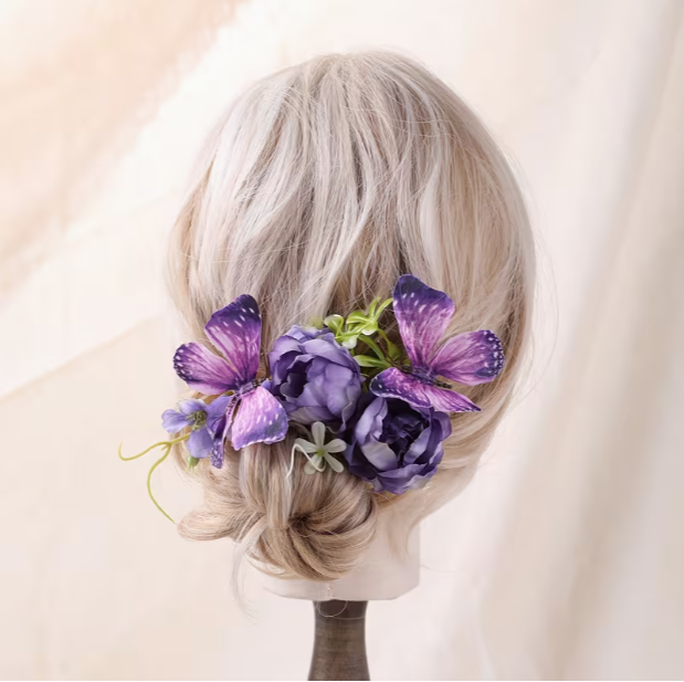 紫色の蝶の花のヘアクリップ、女性用人工牡丹の花のヘアアクセサ - Women Fashion Photoshoot のレビューと価格