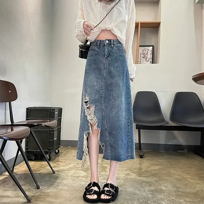 レディースデニムスカート ハイウエスト スリット入り ダメー - Women Fashion Jeans のレビューと価格