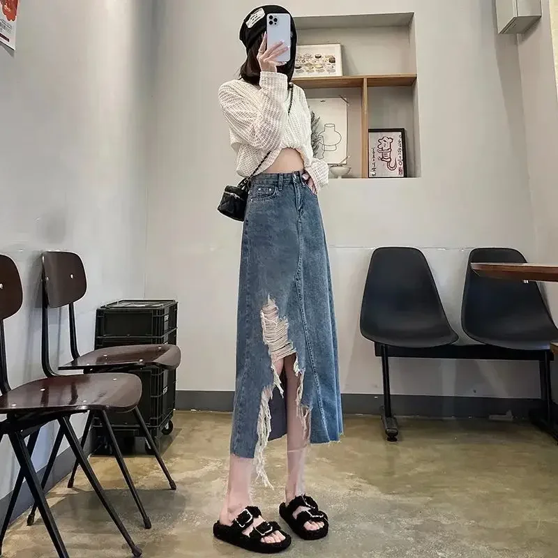 レディースデニムスカート ハイウエスト スリット入り ダメー - Women Fashion Jeans のレビューと価格
