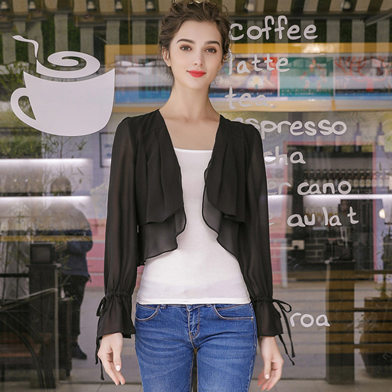 女性用フリル袖薄手シフォンコート、スリムオフィス着物カーディ - Women'S Fashion Kimono のレビューと価格