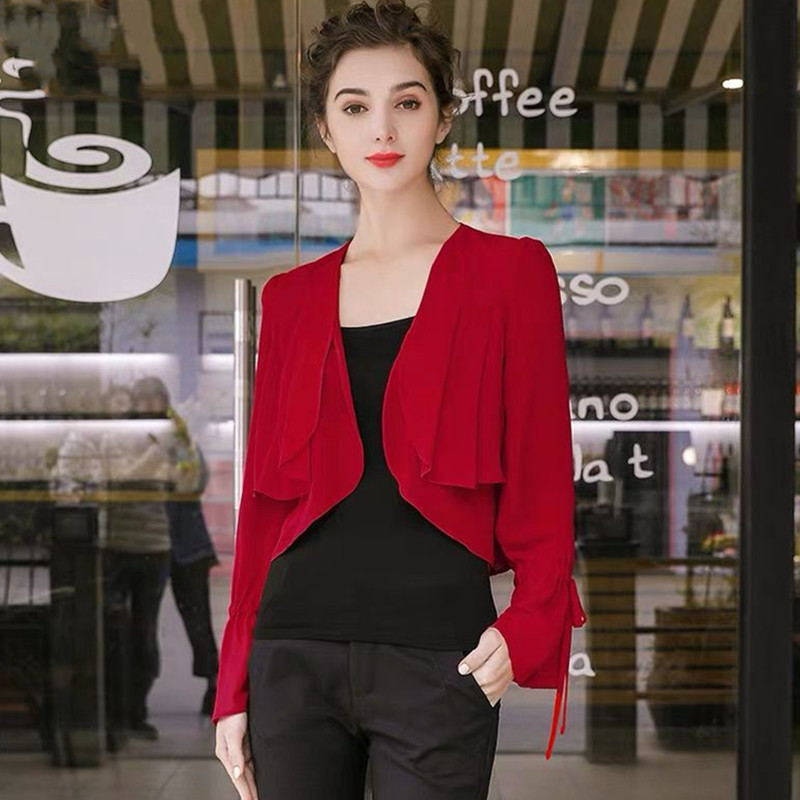 女性用フリル袖薄手シフォンコート、スリムオフィス着物カーディ - Women'S Fashion Kimono のレビューと価格