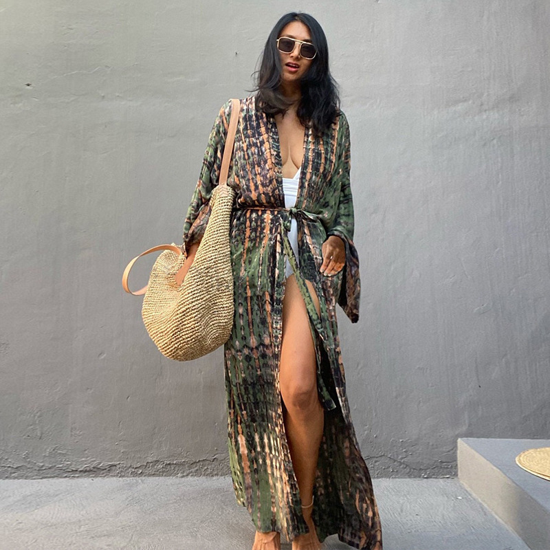 ビーチカバーアップ女性タイダイプリント着物カーディガンセルフ - Women'S Fashion Kimono のレビューと価格